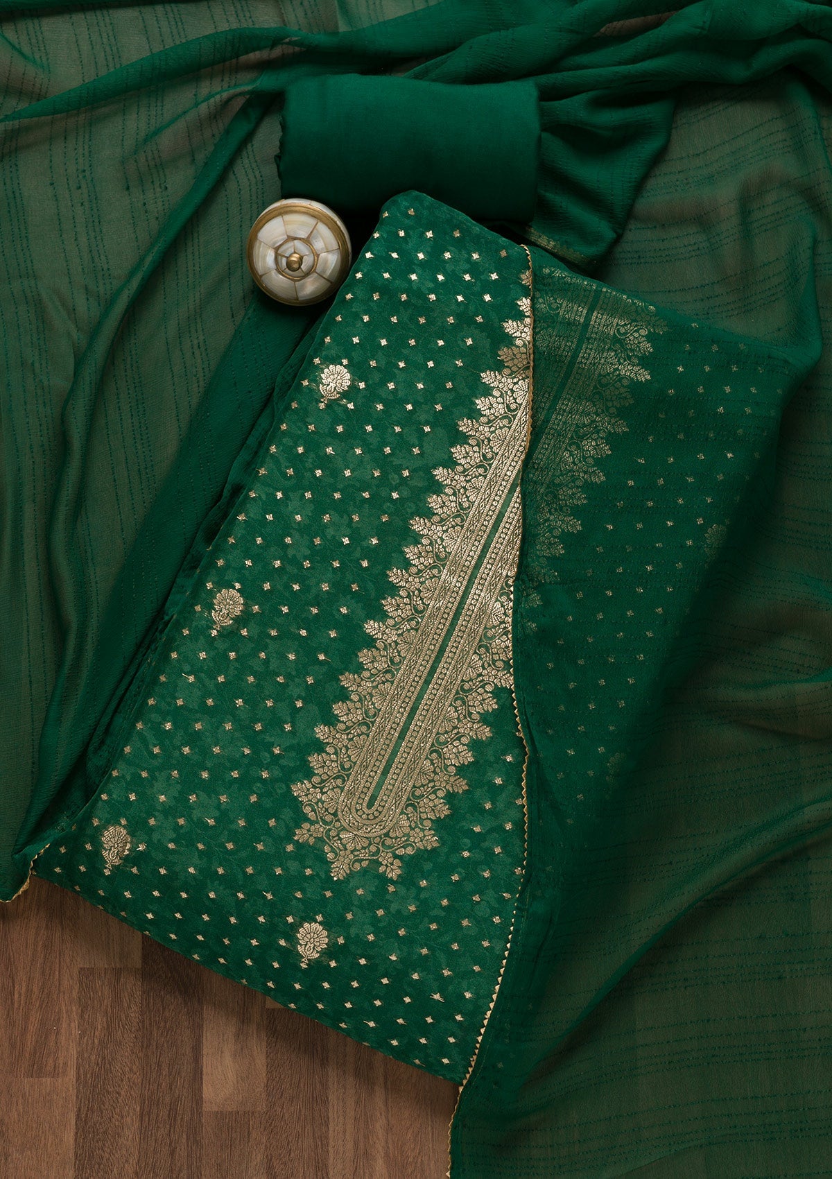 Bottle Green Zariwork Tissue Unstitched Salwar Suit-Koskii