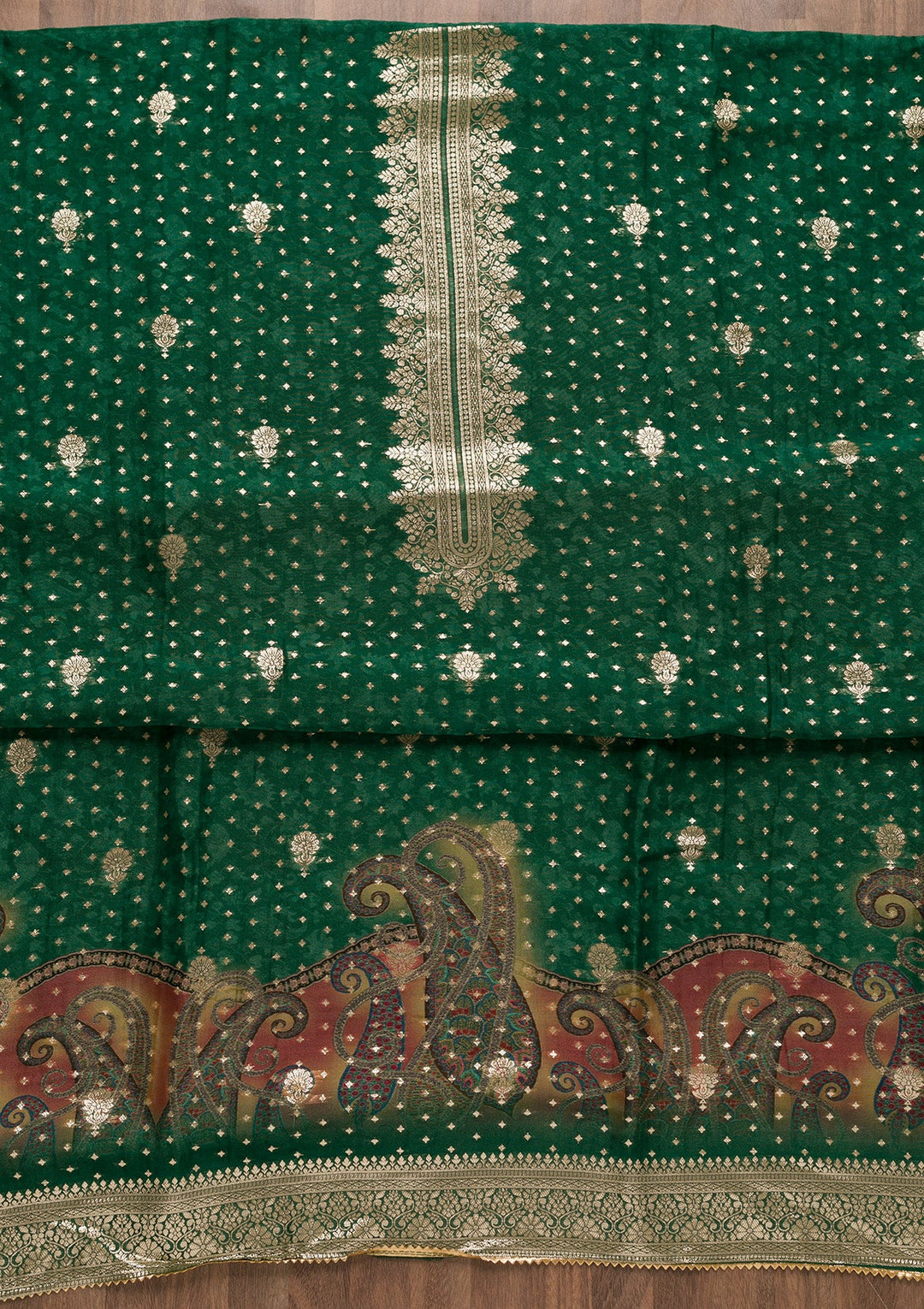 Bottle Green Zariwork Tissue Unstitched Salwar Suit-Koskii