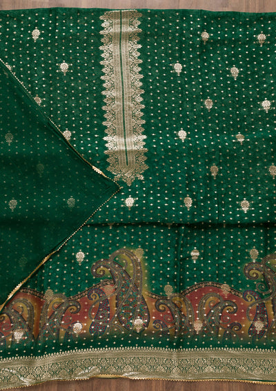 Bottle Green Zariwork Tissue Unstitched Salwar Suit-Koskii