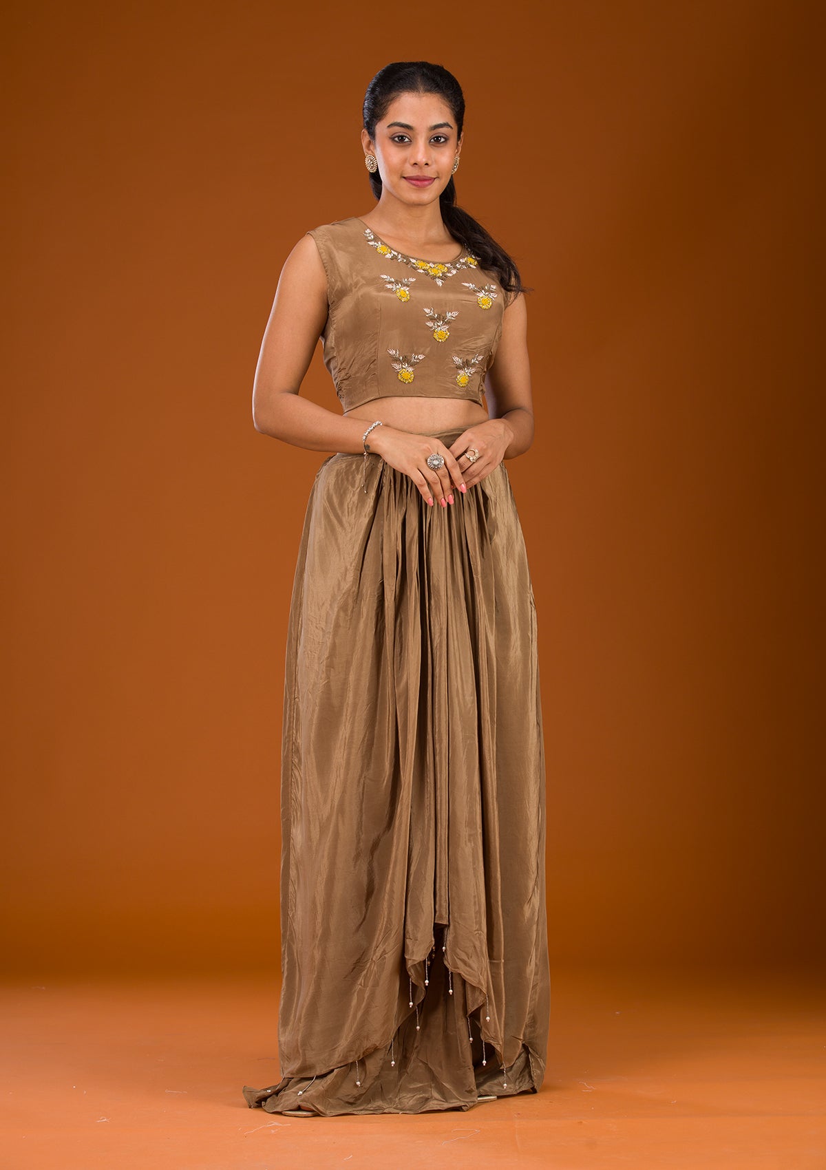 Brown Cutdana Georgette Readymade Lehenga