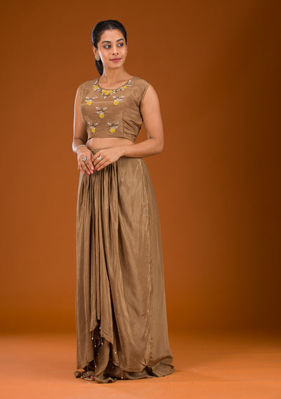 Brown Cutdana Georgette Readymade Lehenga