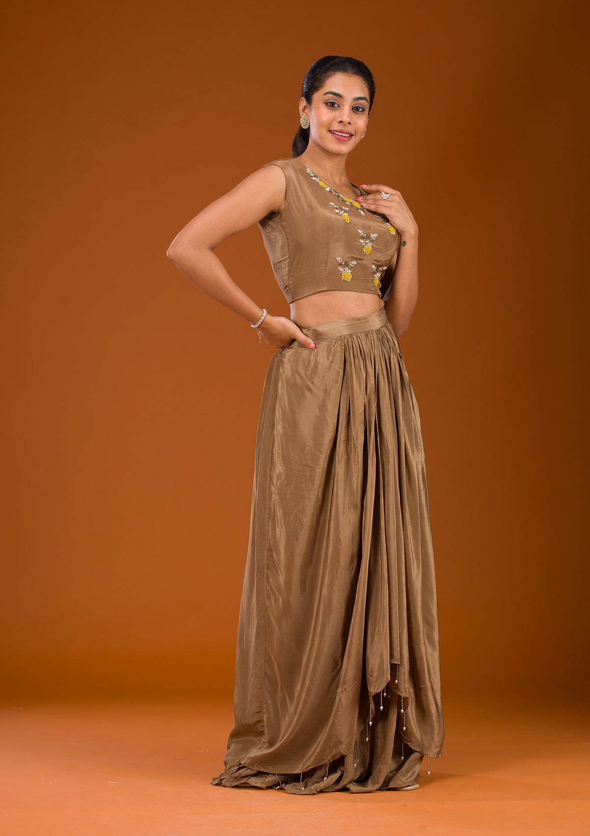 Brown Cutdana Georgette Readymade Lehenga