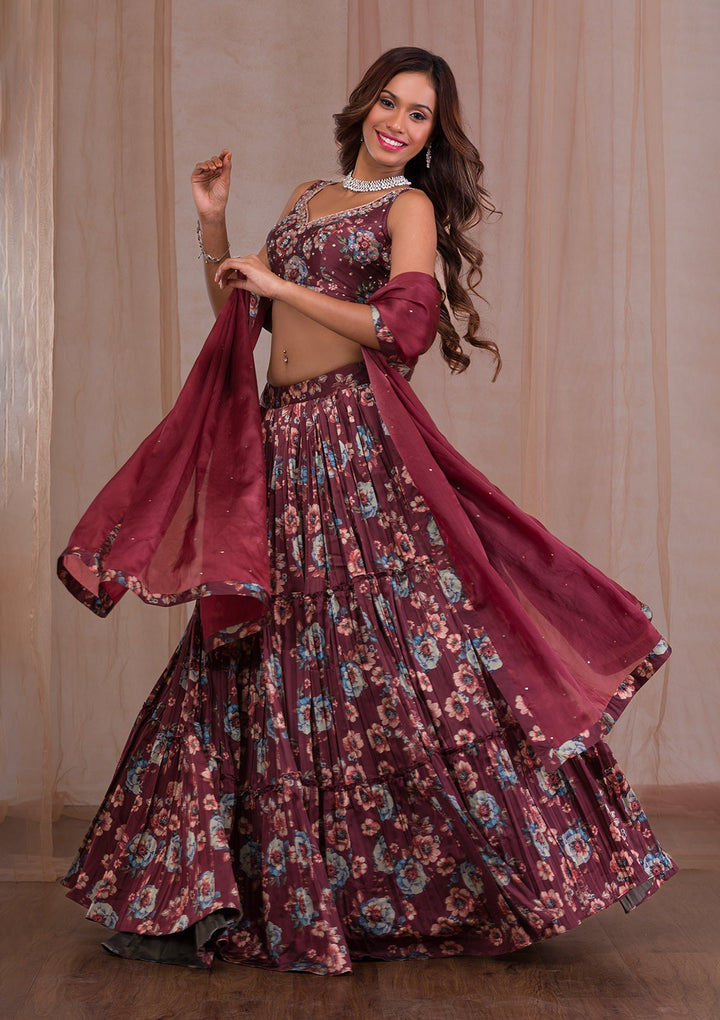 Brown Cutdana Satin Readymade Lehenga-Koskii