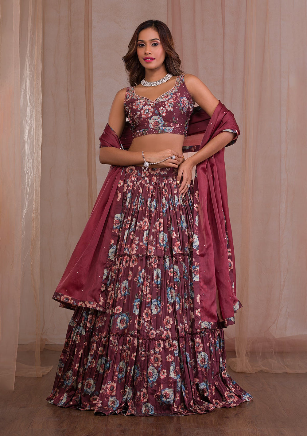 Brown Cutdana Satin Readymade Lehenga-Koskii