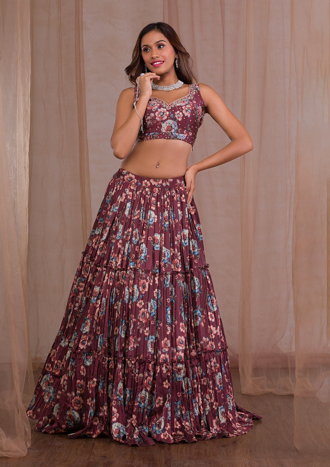 Brown Cutdana Satin Readymade Lehenga-Koskii