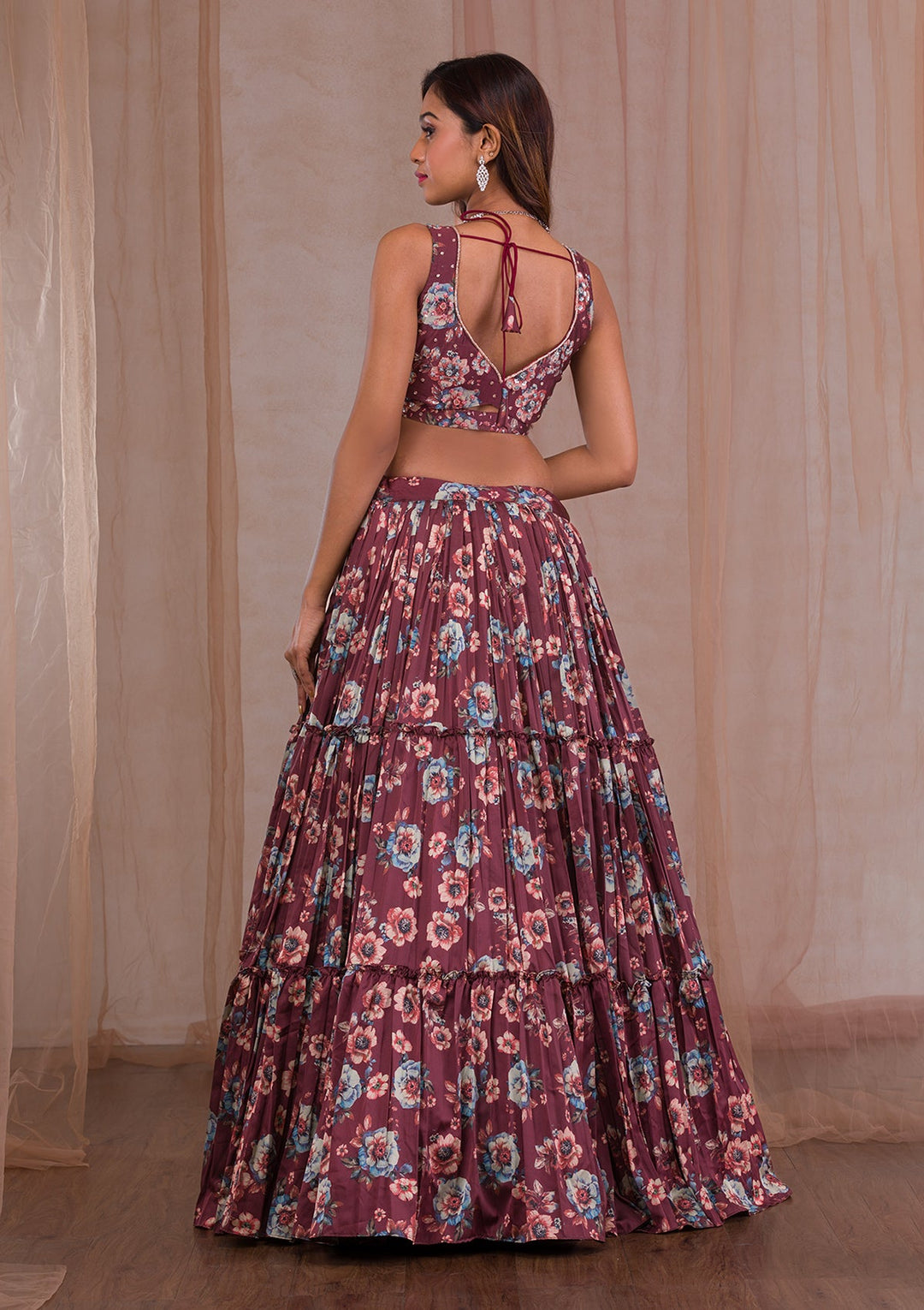 Brown Cutdana Satin Readymade Lehenga-Koskii