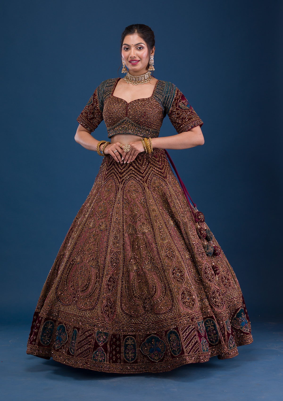 Brown Cutdana Tissue Readymade Lehenga-Koskii