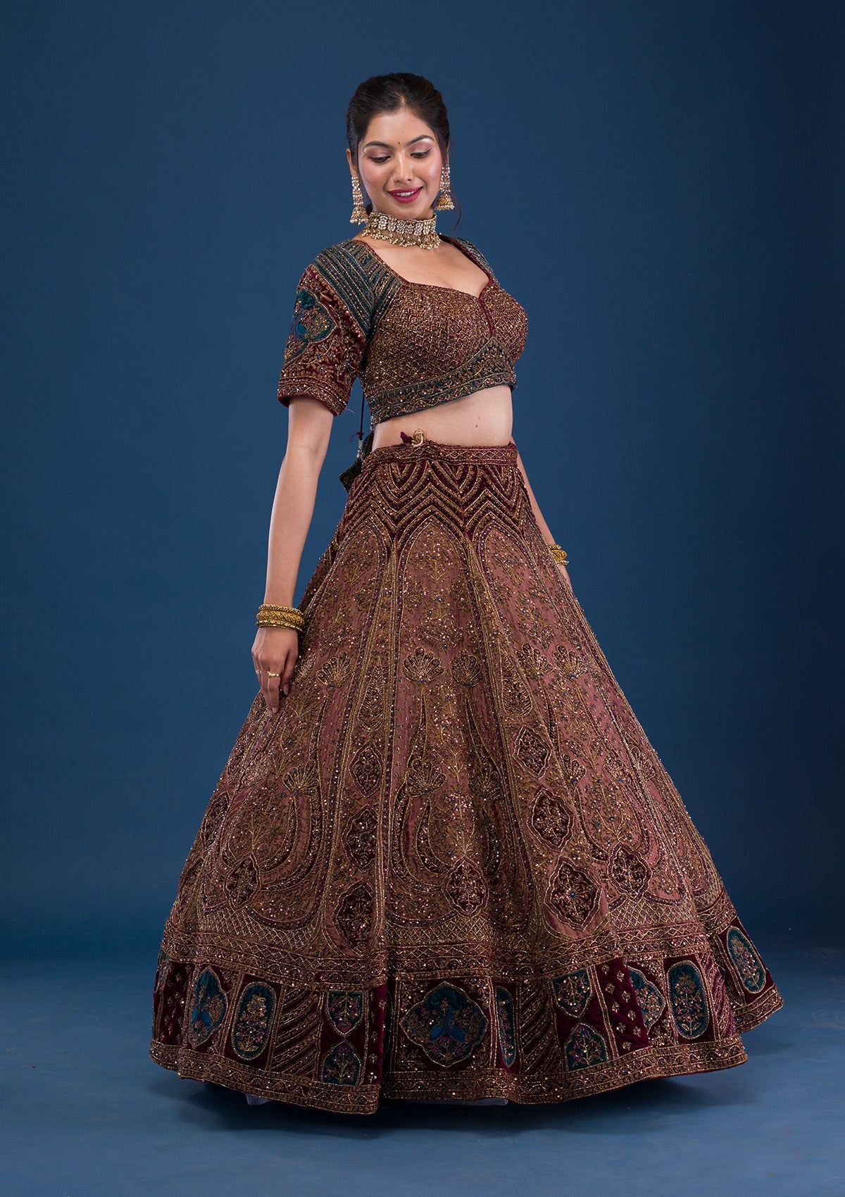 Brown Cutdana Tissue Readymade Lehenga-Koskii