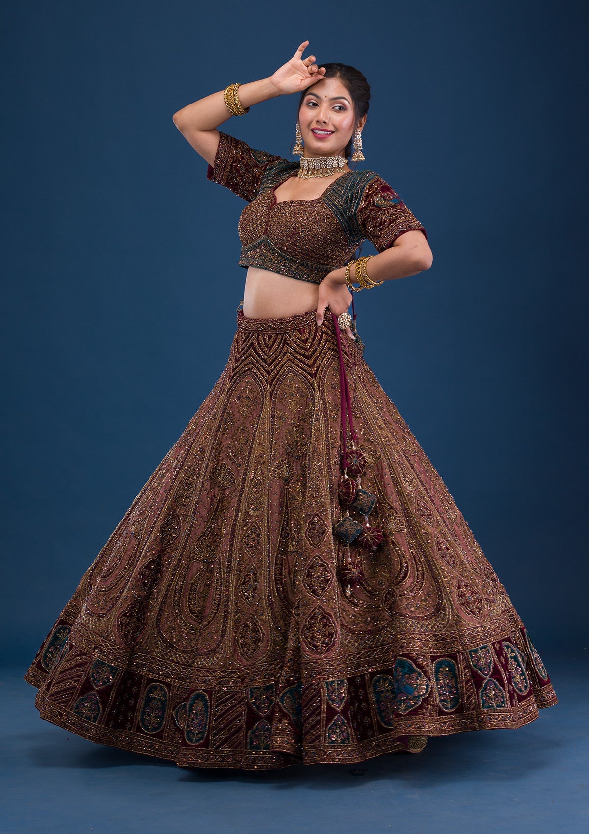 Brown Cutdana Tissue Readymade Lehenga-Koskii