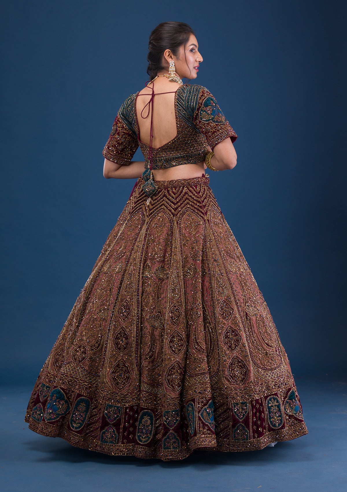 Brown Cutdana Tissue Readymade Lehenga-Koskii