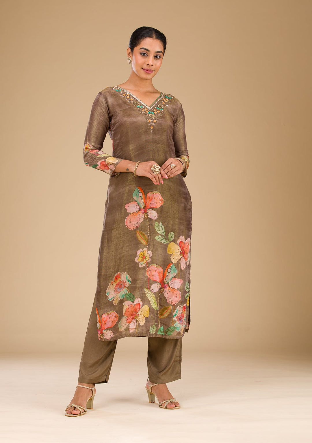 Brown Cutdana Tissue Readymade Salwar Suit