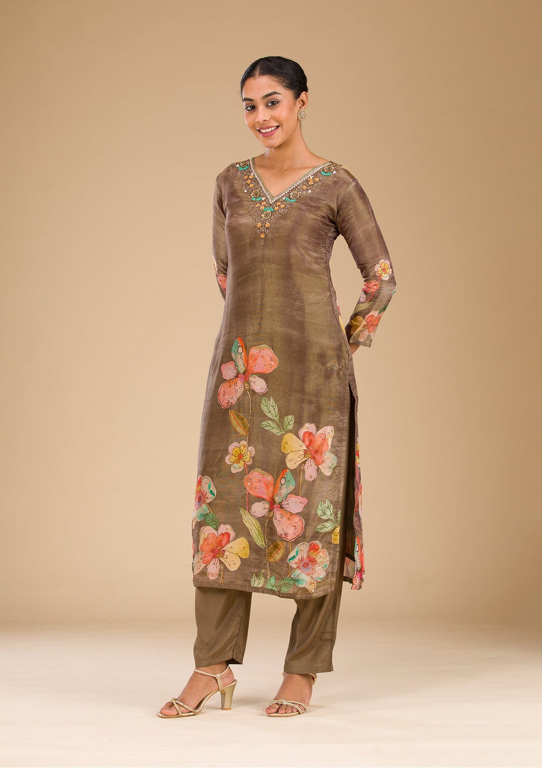 Brown Cutdana Tissue Readymade Salwar Suit