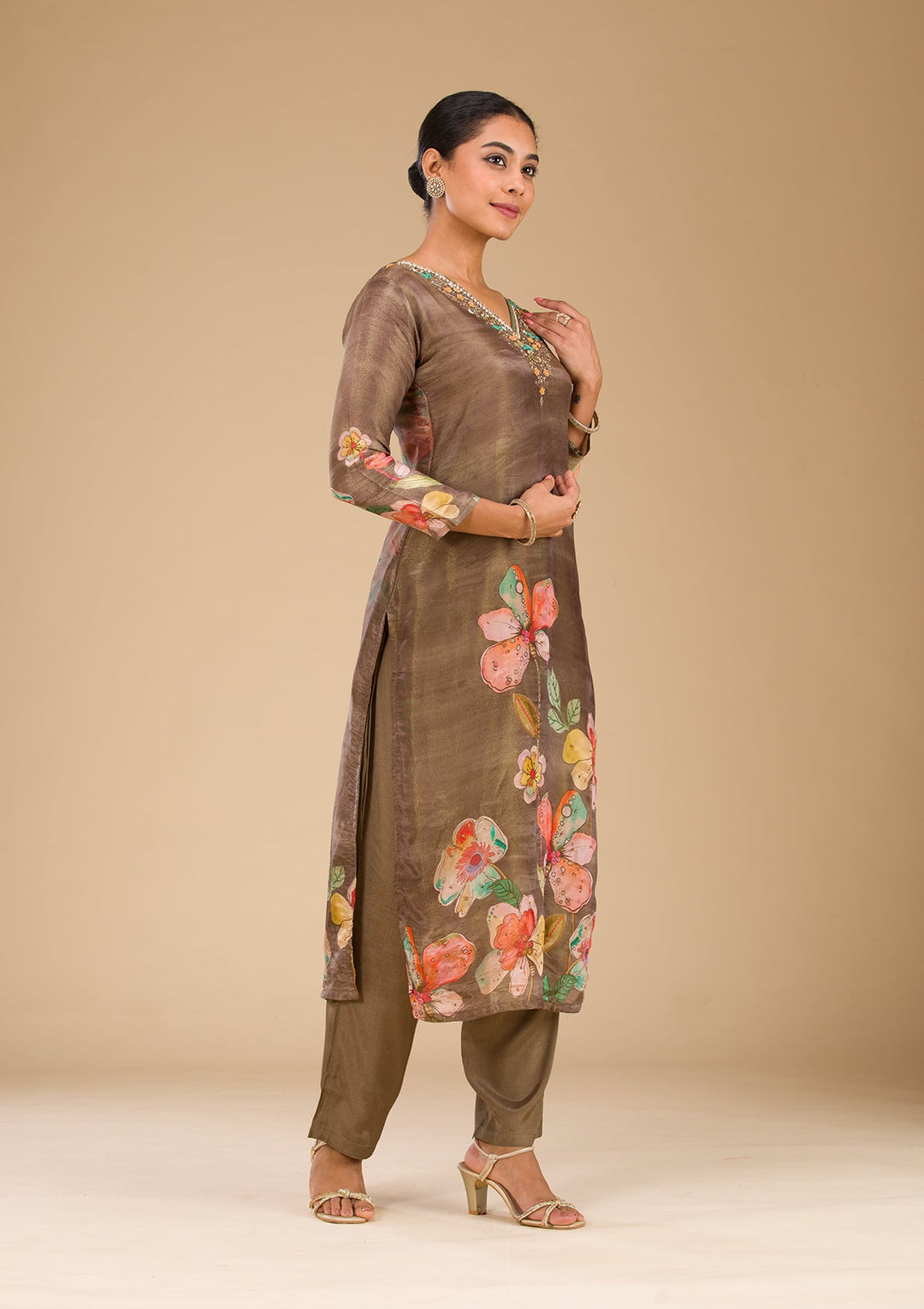Brown Cutdana Tissue Readymade Salwar Suit