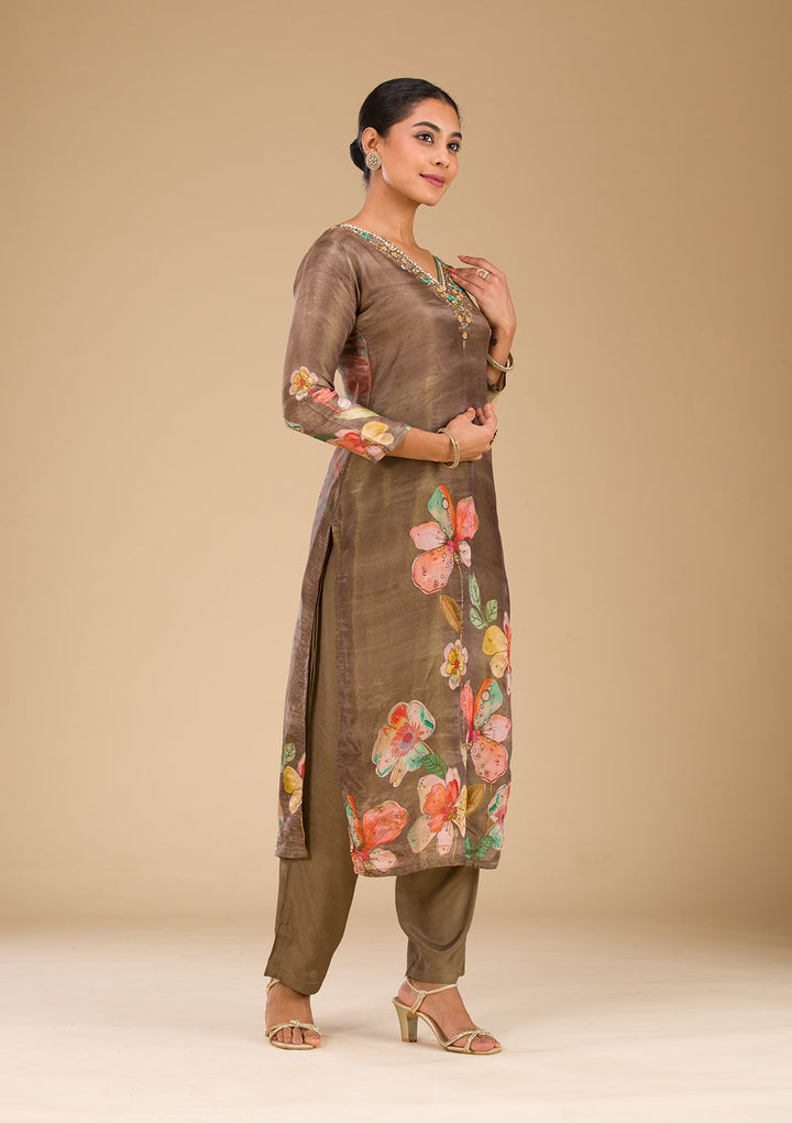 Brown Cutdana Tissue Readymade Salwar Suit