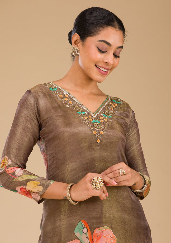 Brown Cutdana Tissue Readymade Salwar Suit