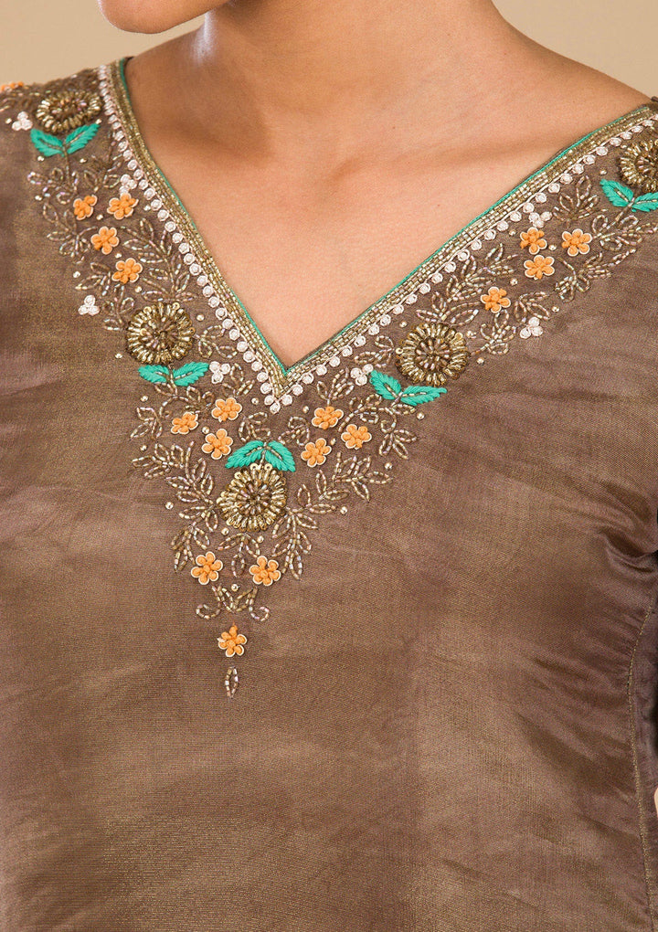 Brown Cutdana Tissue Readymade Salwar Suit