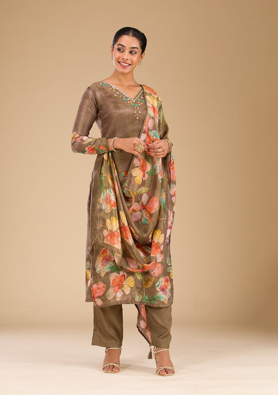 Brown Cutdana Tissue Readymade Salwar Suit