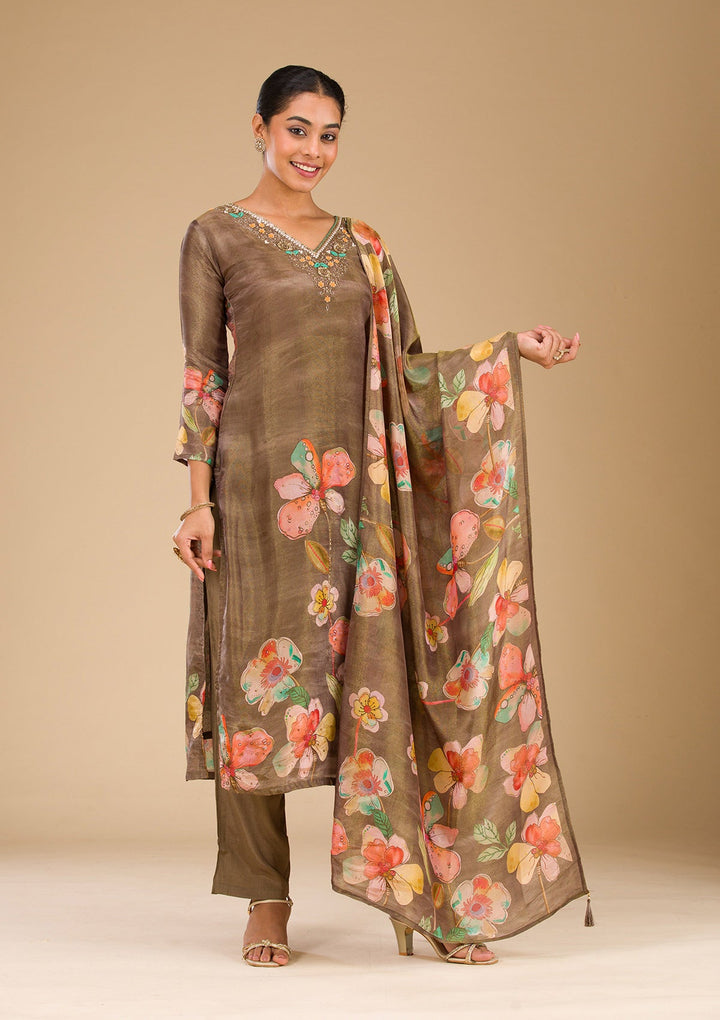 Brown Cutdana Tissue Readymade Salwar Suit