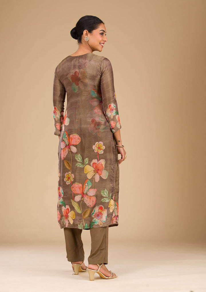 Brown Cutdana Tissue Readymade Salwar Suit