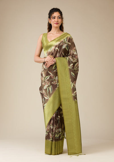 Brown Printed Art Silk Saree