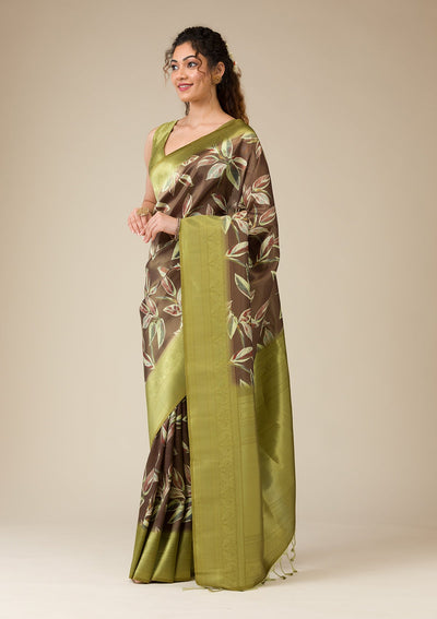 Brown Printed Art Silk Saree