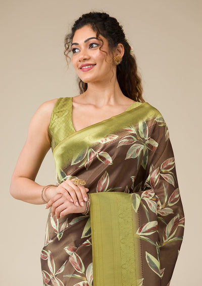 Brown Printed Art Silk Saree