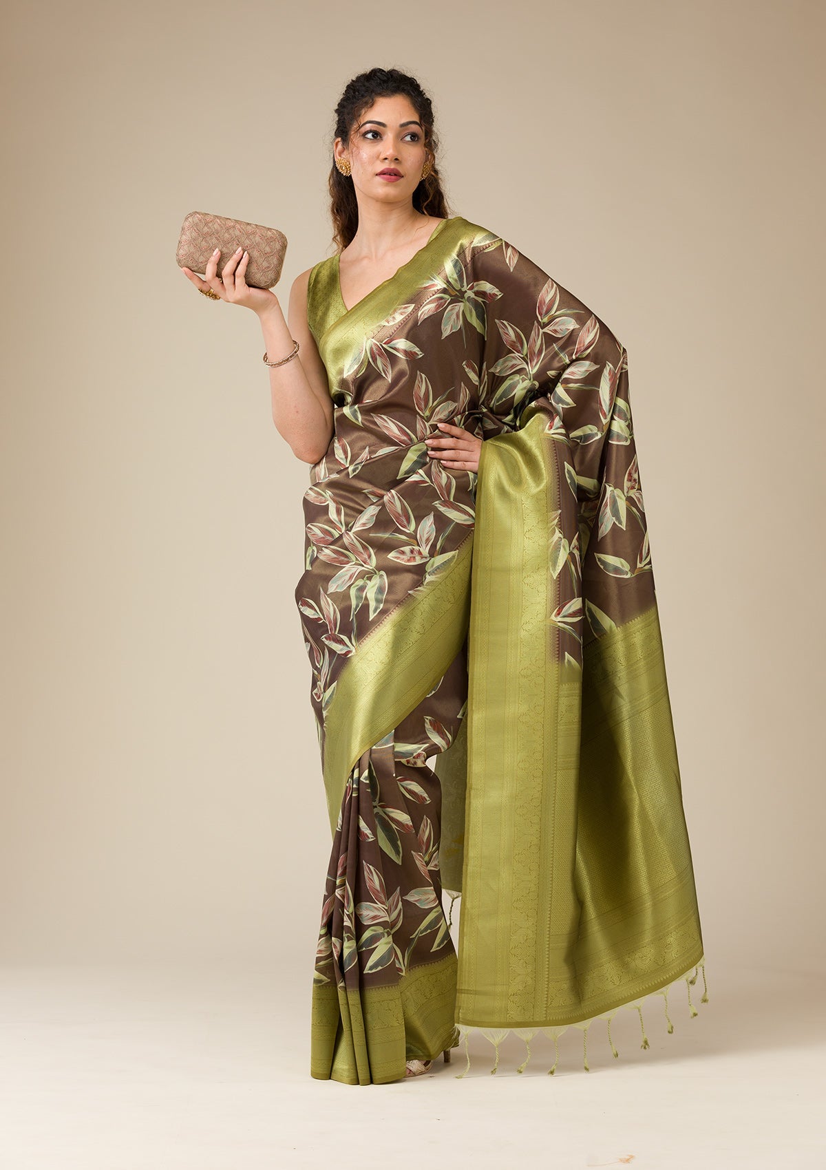 Brown Printed Art Silk Saree