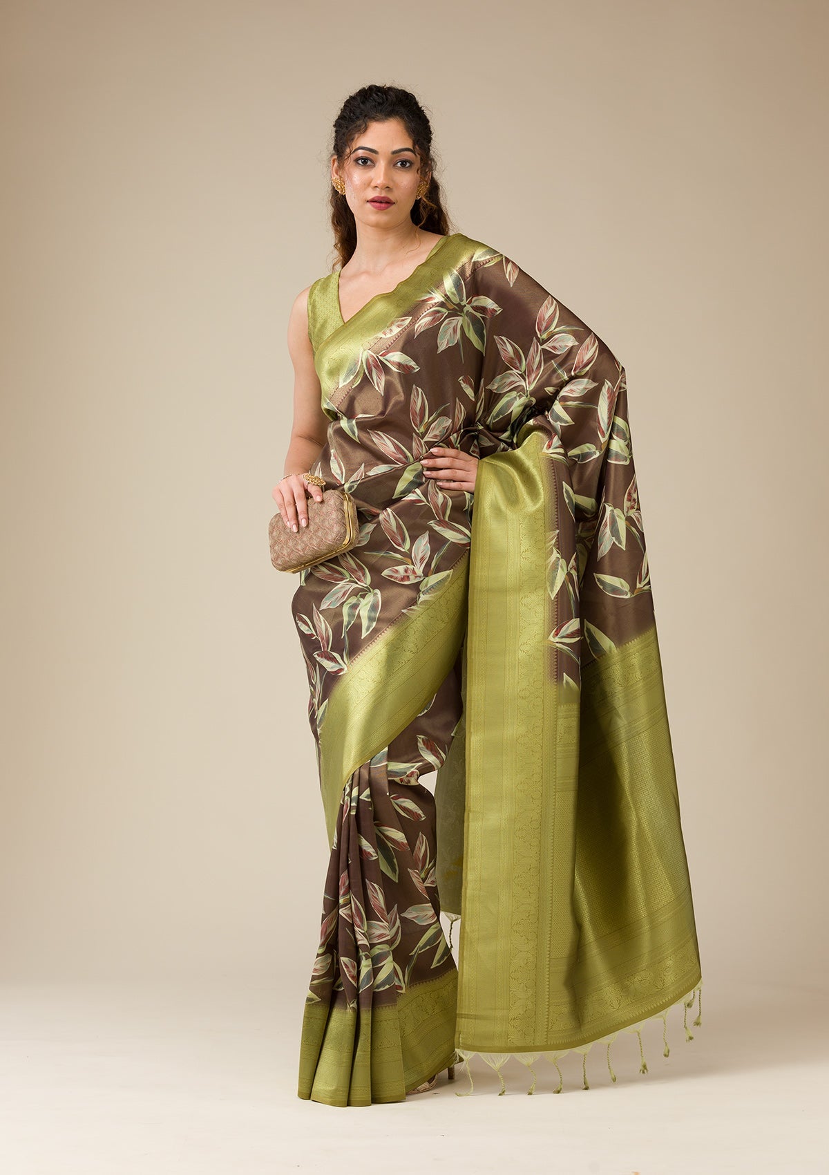 Brown Printed Art Silk Saree