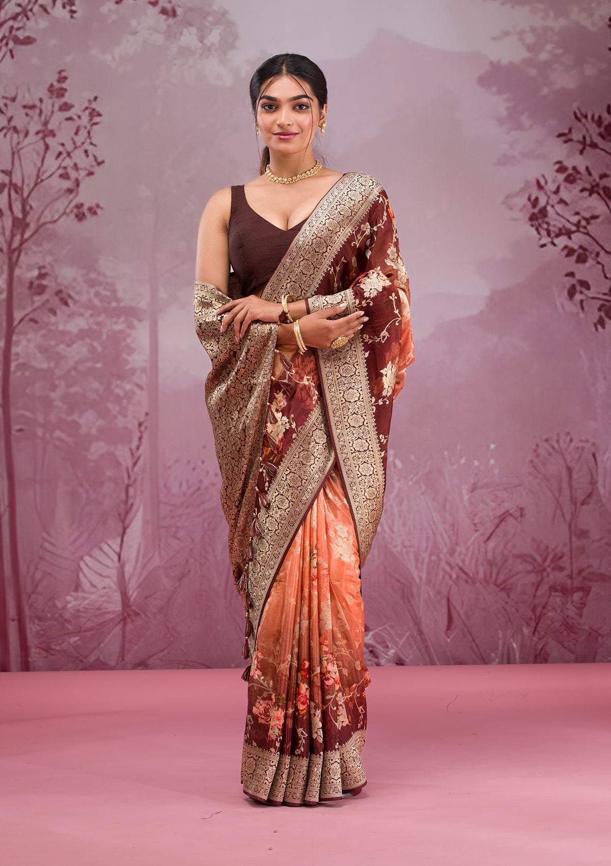 Brown Printed Georgette Saree-Koskii