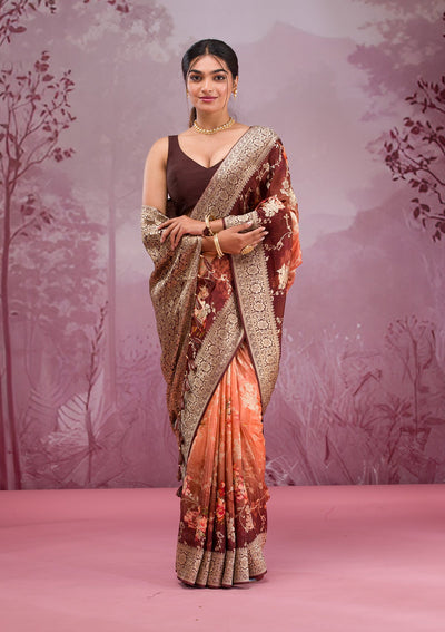 Brown Printed Georgette Saree-Koskii