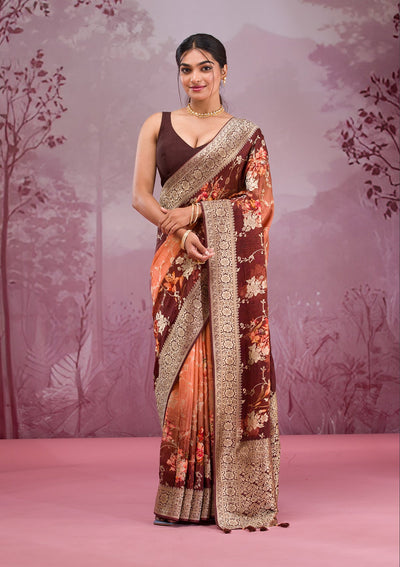 Brown Printed Georgette Saree-Koskii