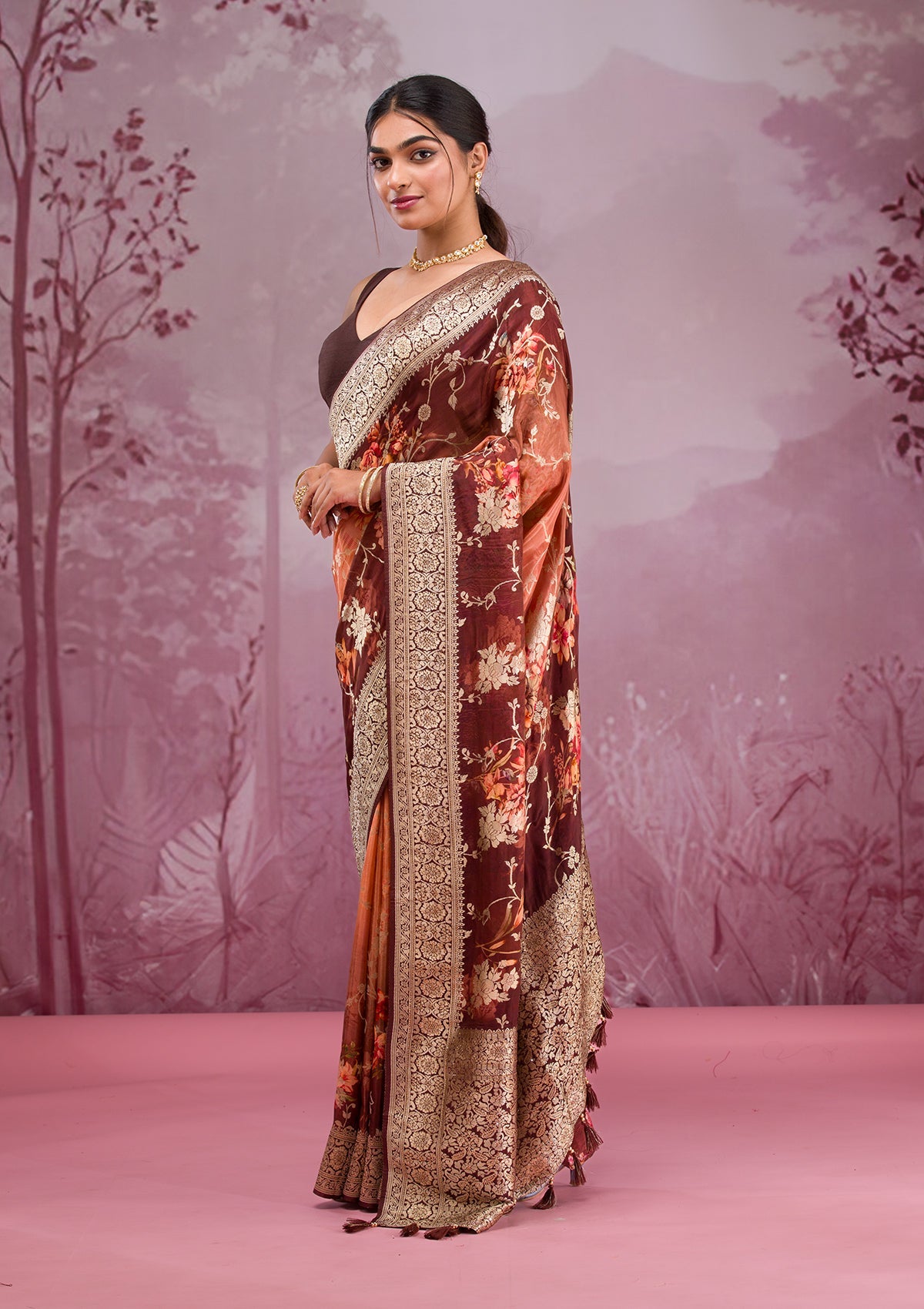 Brown Printed Georgette Saree-Koskii