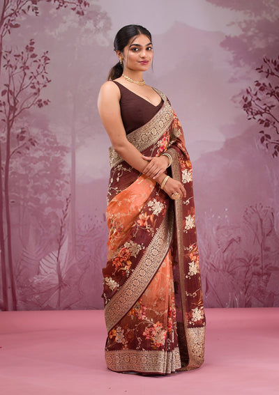 Brown Printed Georgette Saree-Koskii