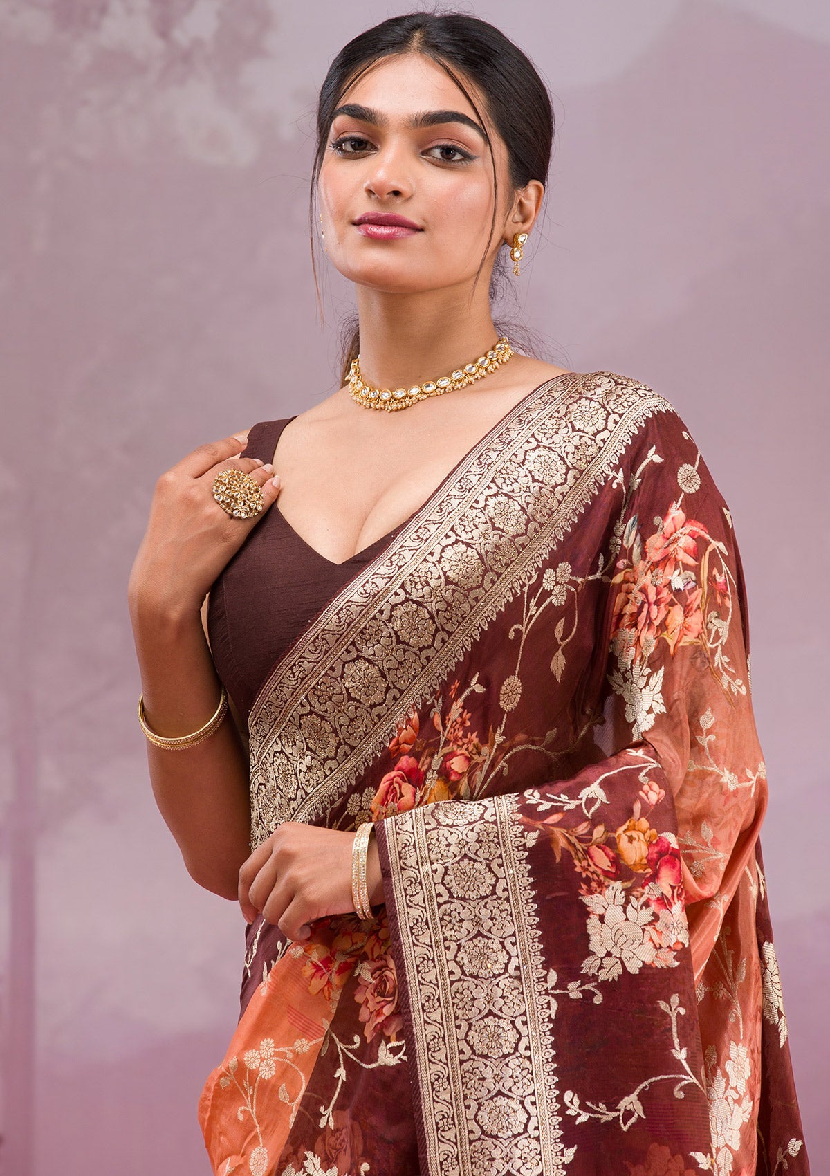 Brown Printed Georgette Saree-Koskii