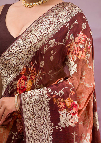 Brown Printed Georgette Saree-Koskii