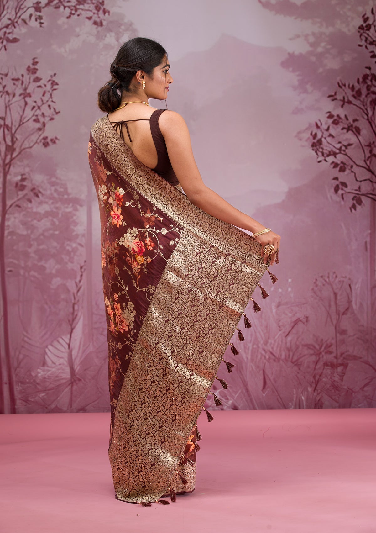 Brown Printed Georgette Saree-Koskii