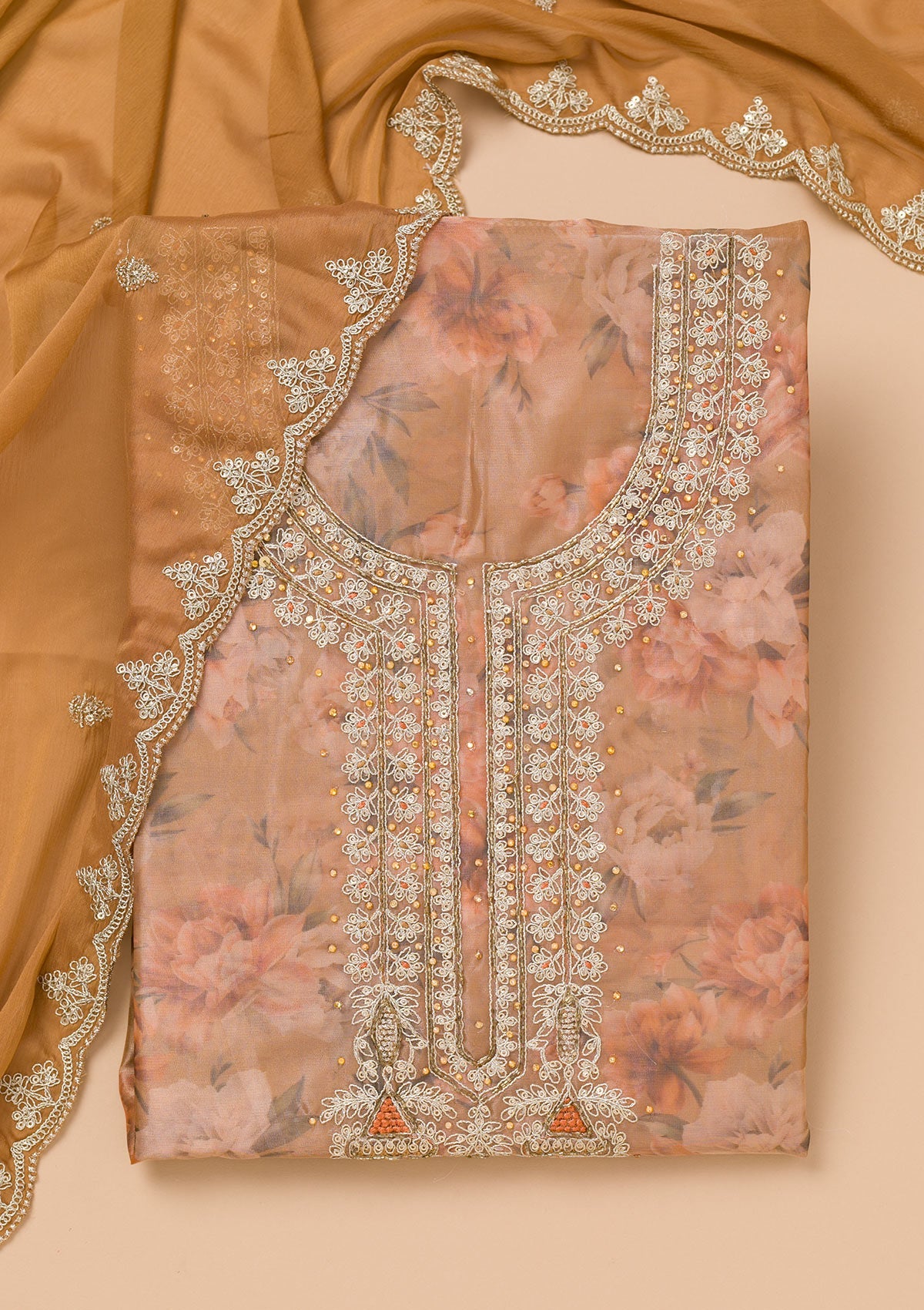 Brown Printed Organza Unstitched Salwar Suit-Koskii