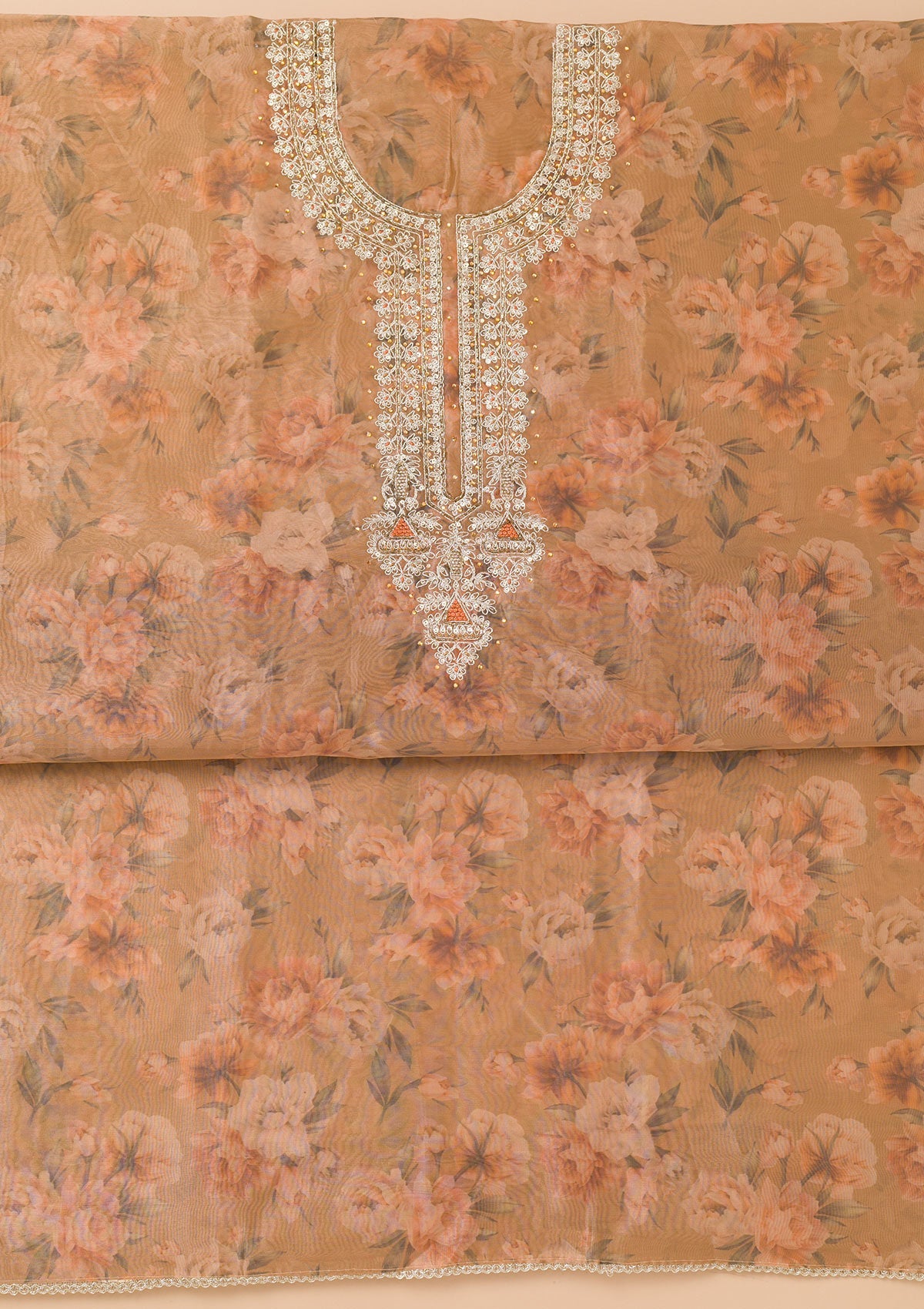 Brown Printed Organza Unstitched Salwar Suit-Koskii