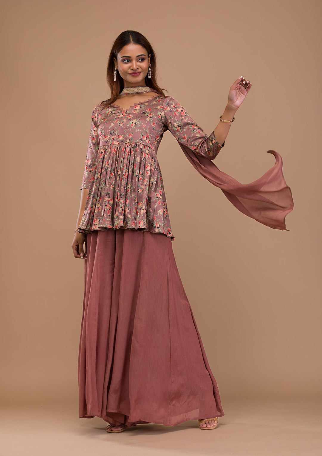Brown Printed Satin Readymade Salwar Suit-Koskii