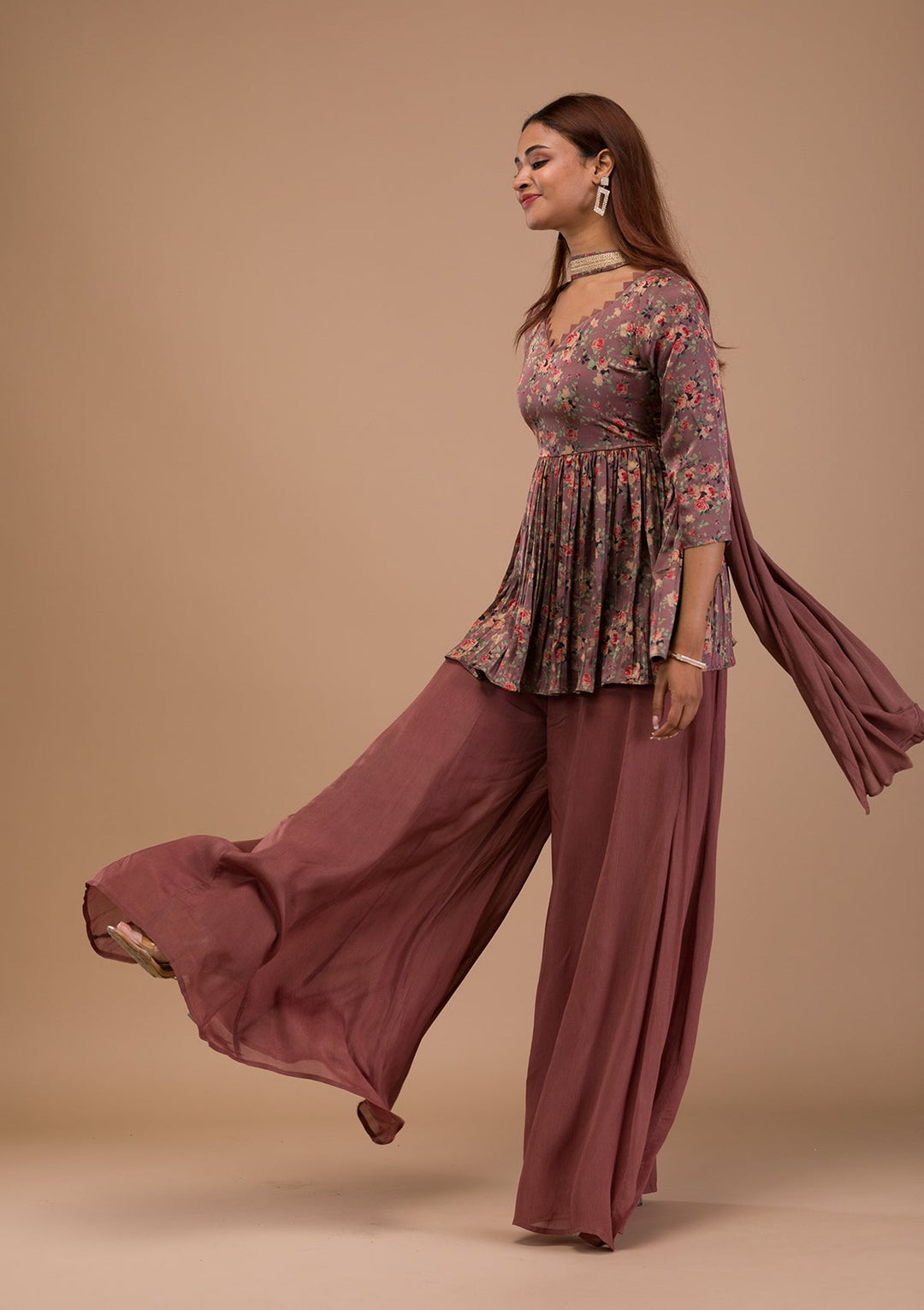 Brown Printed Satin Readymade Salwar Suit-Koskii