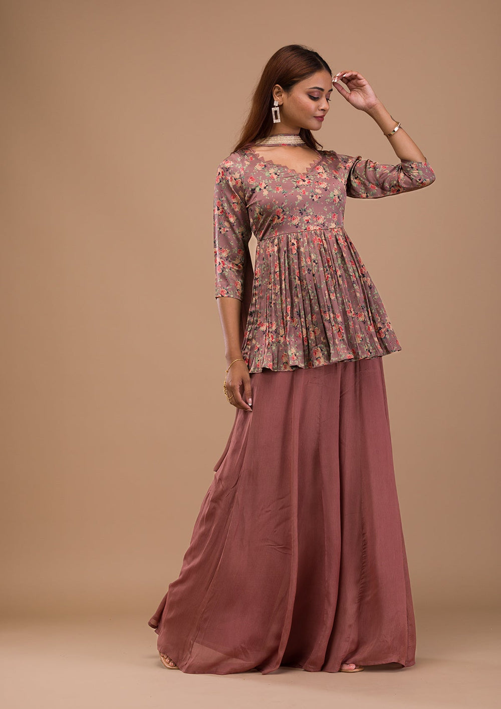 Brown Printed Satin Readymade Salwar Suit-Koskii