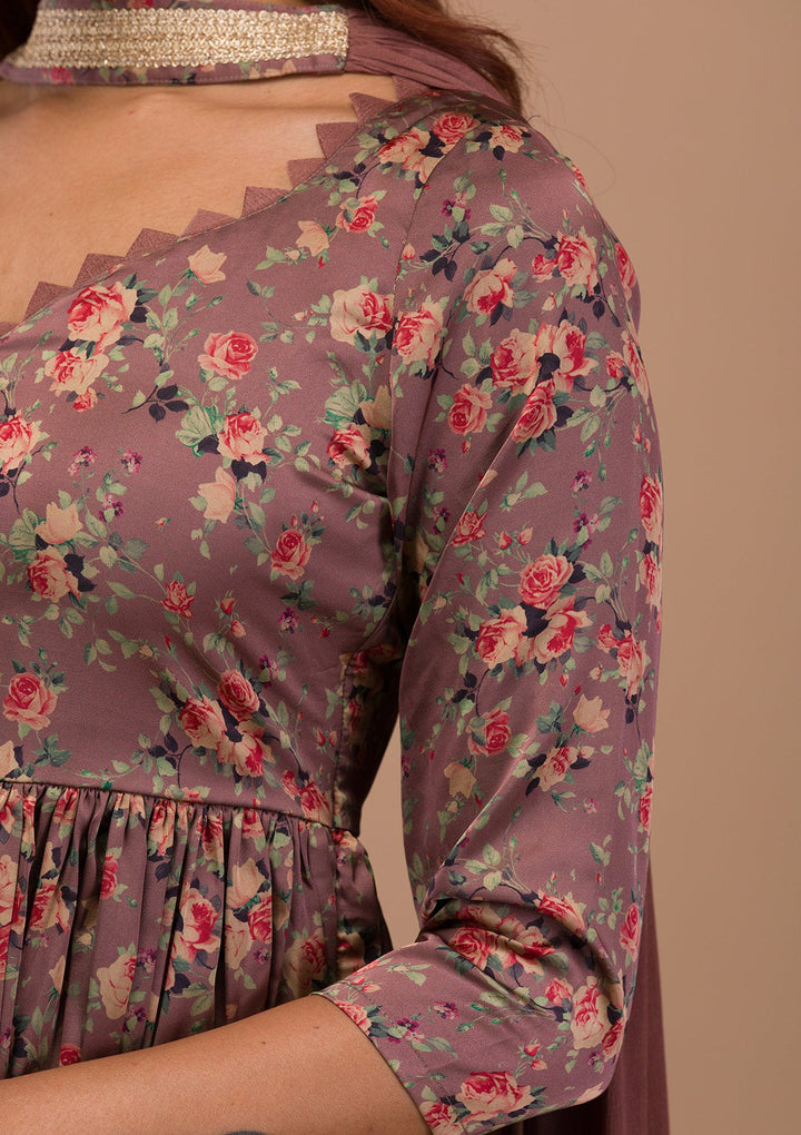 Brown Printed Satin Readymade Salwar Suit-Koskii