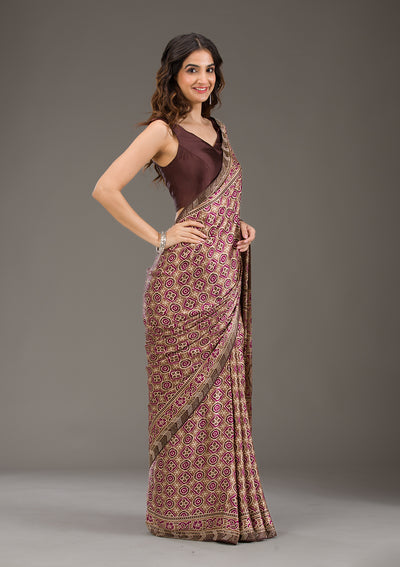 Brown Printed Silk Saree