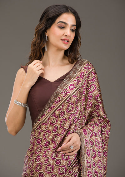 Brown Printed Silk Saree