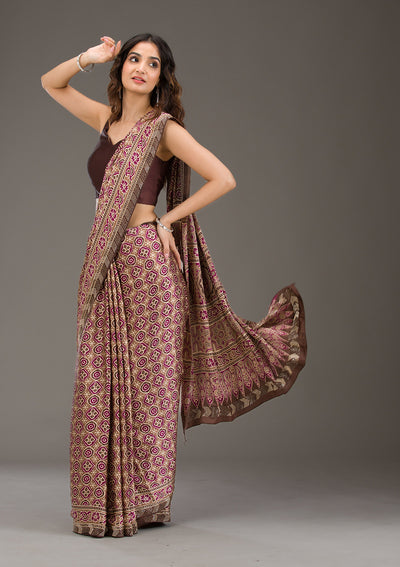 Brown Printed Silk Saree