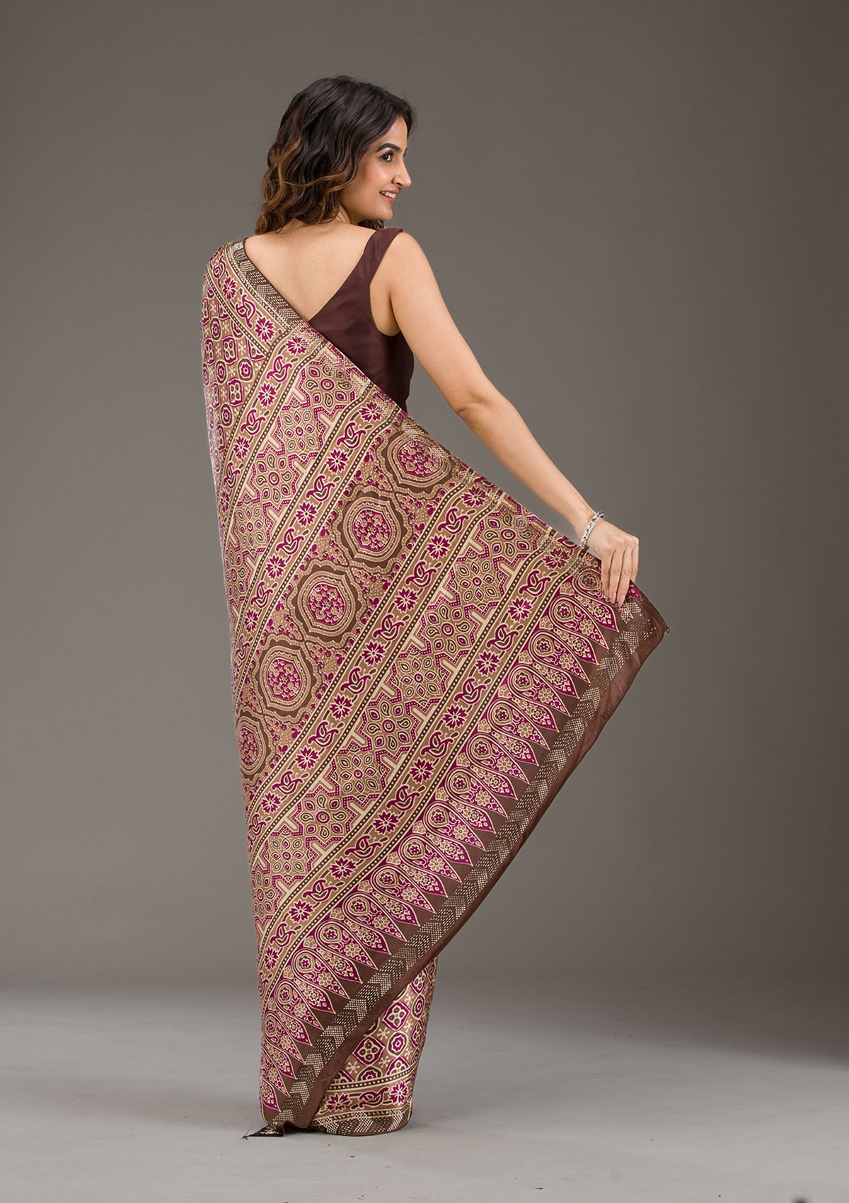 Brown Printed Silk Saree