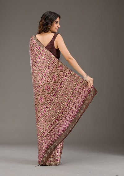 Brown Printed Silk Saree