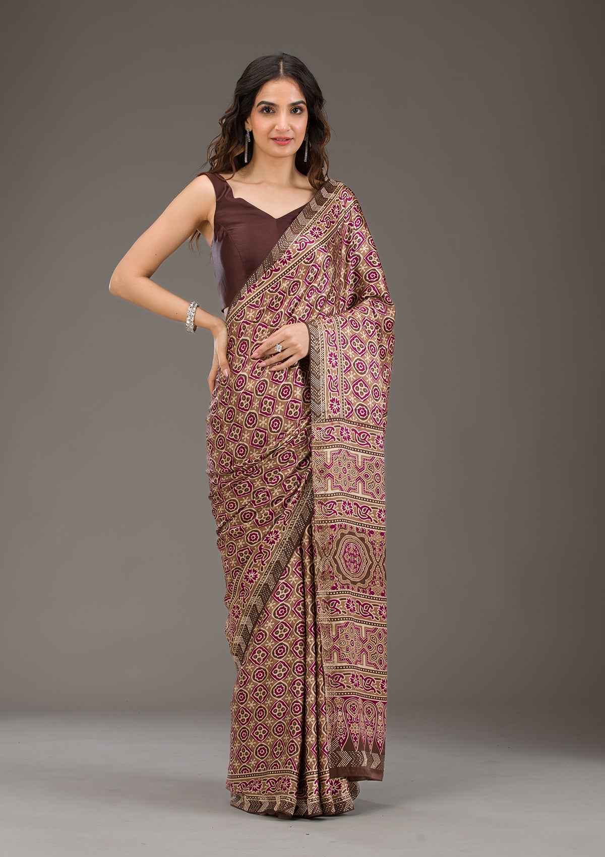 Brown Printed Silk Saree