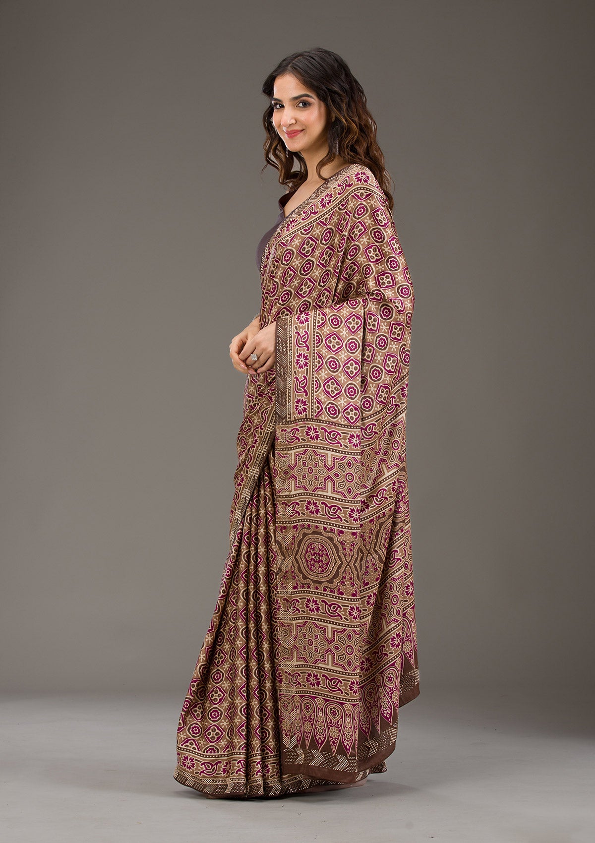 Brown Printed Silk Saree