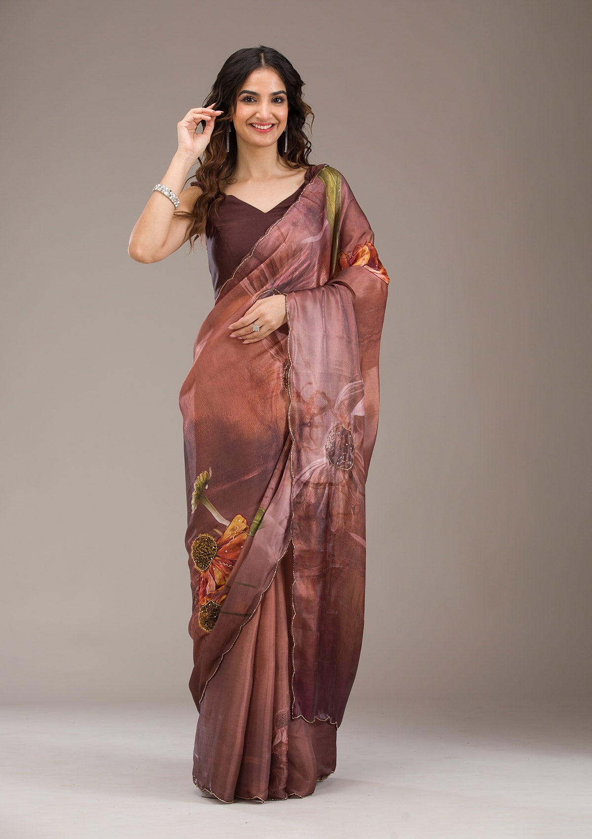 Brown Printed Tissue Saree